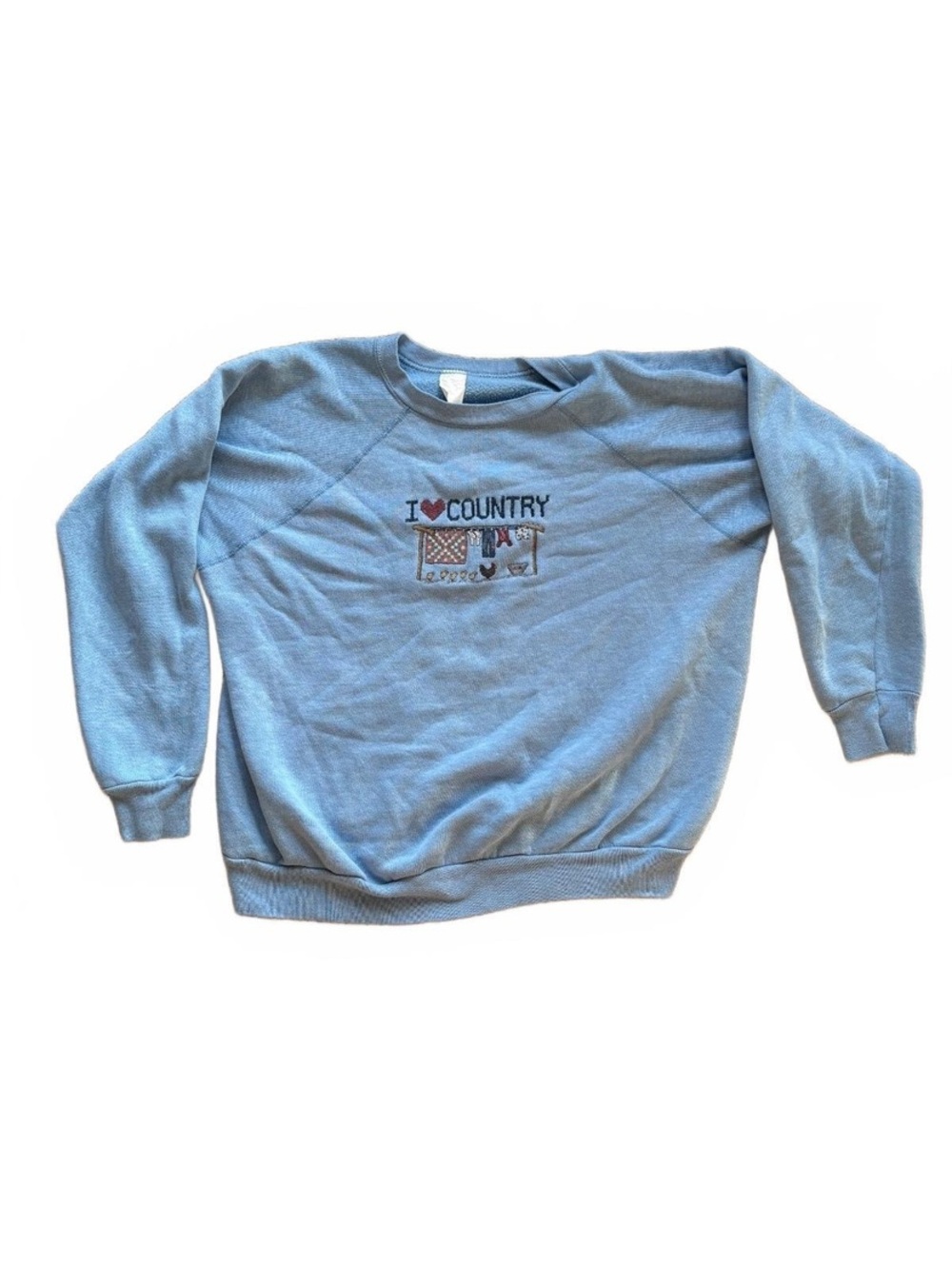 VTG 90s I Heart Country Clothesline Sweater Blue Embroidered Boxy Women's L